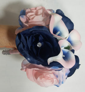 Pink Navy Blue Rose Calla Lily Bridal Wedding Bouquet Accessories