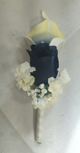 Navy Blue Ivory Rose Calla Lily Bridal Wedding Bouquet Accessories