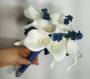 Ivory Navy Blue Calla Lily Bridal Wedding Bouquet Accessories