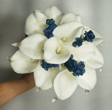 Load image into Gallery viewer, Ivory Navy Blue Calla Lily Bridal Wedding Bouquet Accessories