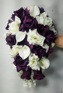 Eggplant Ivory Rose Calla Lily Bridal Wedding Bouquet Accessories
