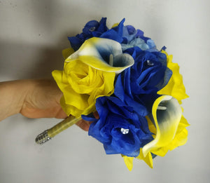 Royal Blue Yellow Rose Calla Lily Bridal Wedding Bouquet Accessories