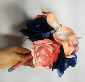 Coral Navy Blue Rose Calla Lily Bridal Wedding Bouquet Accessories