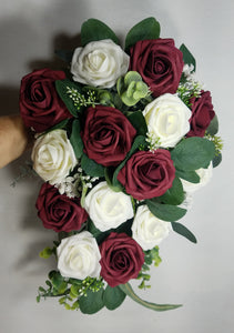 Burgundy Ivory Rose Eucalyptus Faux Foam Bridal Wedding Bouquet Accessories