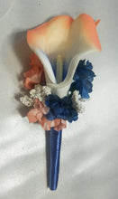 Load image into Gallery viewer, Coral Navy Blue Rose Calla Lily Bridal Wedding Bouquet Accessories