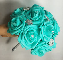 Load image into Gallery viewer, Aqua Tiffany Rose Faux Foam Brooch Bridal Wedding Bouquet Accessories