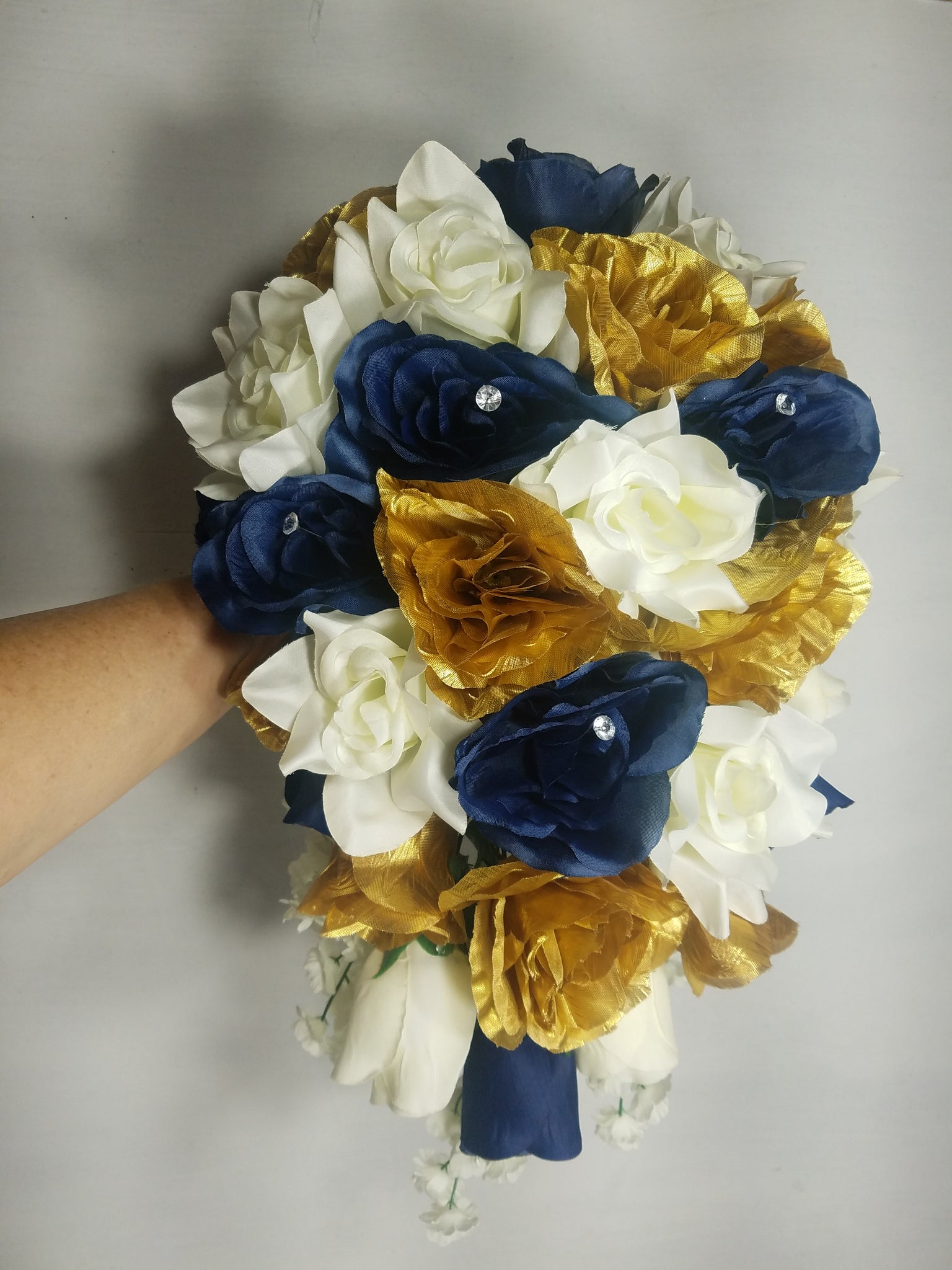 Navy Blue White Gold Rose Bridal Wedding Bouquet Accessories – Bridal  Wedding Bouquets
