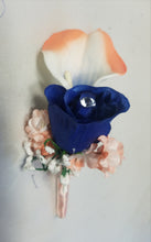 Load image into Gallery viewer, Coral Royal Blue Rose Calla Lily Bridal Wedding Bouquet Accessories