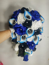 Load image into Gallery viewer, Royal Blue Black White Rose Calla Lily Bridal Wedding Bouquet Accessories