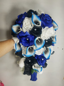 Royal Blue Black White Rose Calla Lily Bridal Wedding Bouquet Accessories