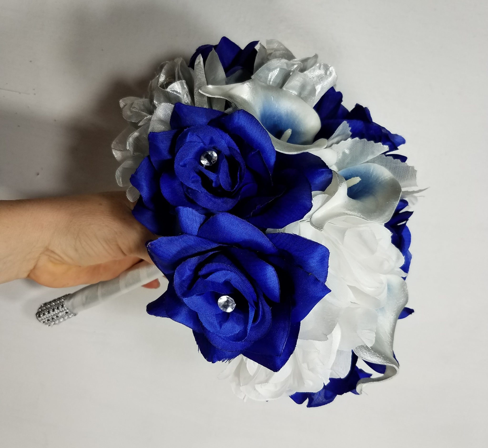 blue roses and white lilies 10" Bridal Bouquet-Royal Blue White