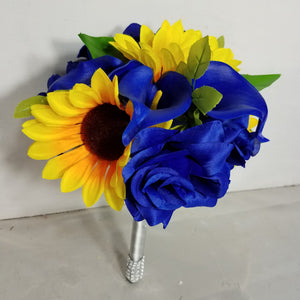 Royal Blue Rose Cala Lily Sunflower Bridal Wedding Bouquet Accessories