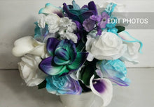 Load image into Gallery viewer, Purple Turquoise White Rose Calla Lily Orchid Bridal Wedding Bouquet Accessories
