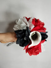 Load image into Gallery viewer, Red Black White Rose Calla Lily Bridal Wedding Bouquet Accessories