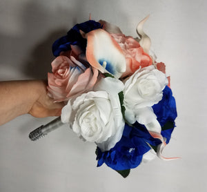 Peach Coral Royal Blue Rose Calla Lily Bridal Wedding Bouquet Accessories