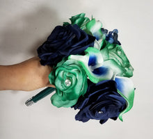 Load image into Gallery viewer, Hunter Green Navy Blue Rose Calla Lily Bridal Wedding Bouquet Accessories