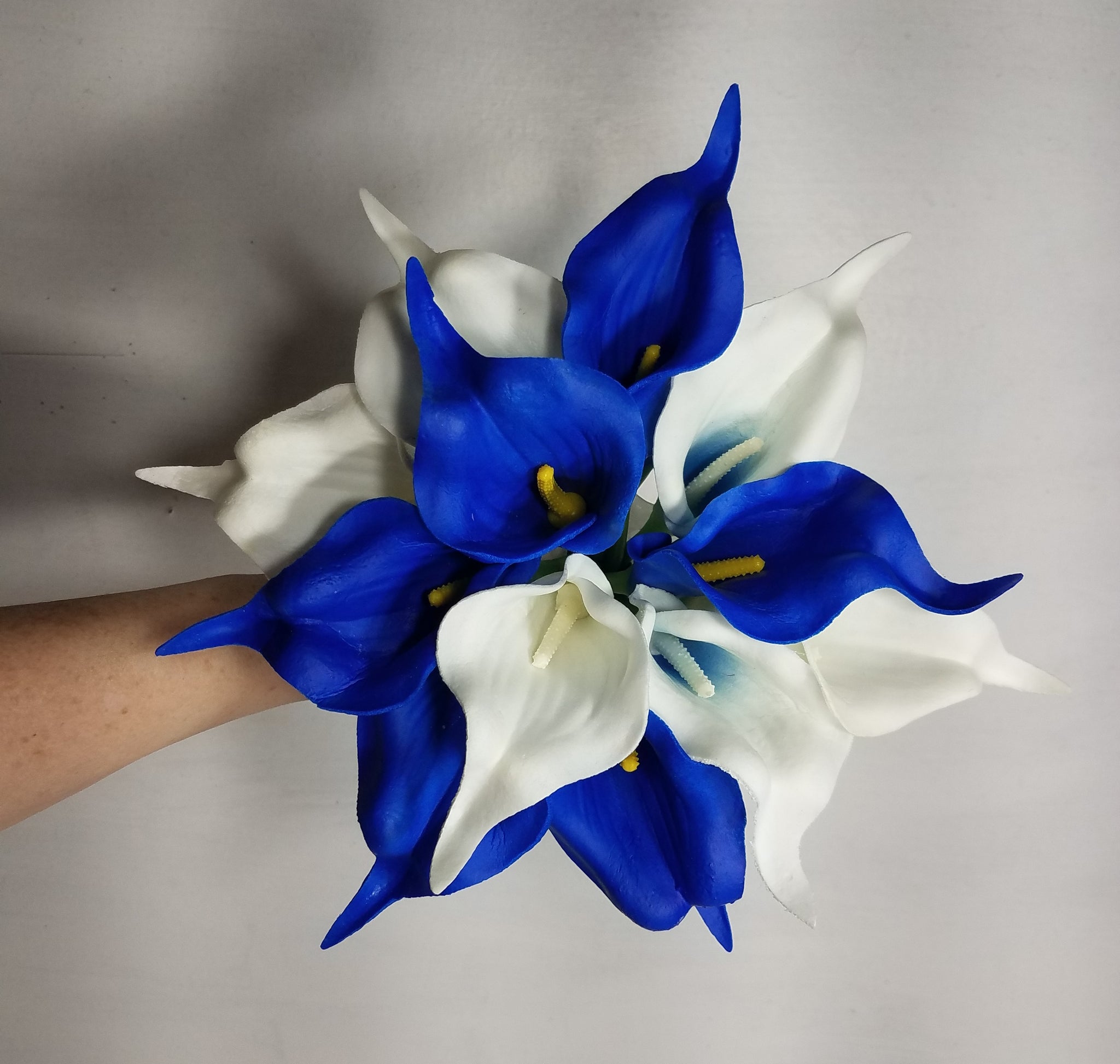 blue calla lily plant White & Blue Centred Calla Lilies With Roses & Heart Brooch Bride Teardrop Bouquet