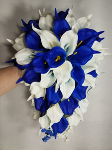Royal Blue Ivory White Calla Lily Bridal Wedding Bouquet Accessories
