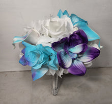 Load image into Gallery viewer, Turquoise Purple White Rose Orchid Bridal Wedding Bouquet Accessories