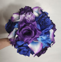 Load image into Gallery viewer, Purple Royal Blue Rose Calla Lily Bridal Wedding Bouquet Accessories