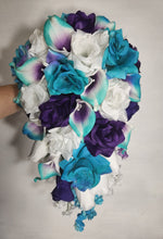 Load image into Gallery viewer, Teal Purple White Rose Calla Lily Bridal Wedding Bouquet Accessories