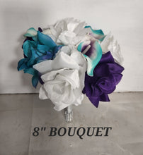 Load image into Gallery viewer, Teal Purple White Rose Calla Lily Bridal Wedding Bouquet Accessories