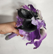 Load image into Gallery viewer, Purple Black White Calla Lily Bridal Wedding Bouquet Accessories