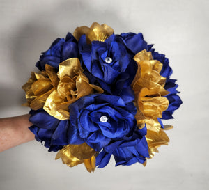 Royal Blue White Gold Rose Bridal Wedding Bouquet Accessories
