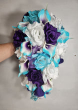 Load image into Gallery viewer, Purple Turquoise White Rose Calla Lily Bridal Wedding Bouquet Accessories