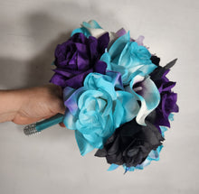 Load image into Gallery viewer, Purple Tuquoise Black Rose Calla Lily Bridal Wedding Bouquet Accessories