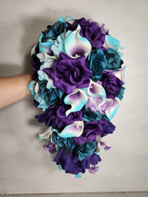 Load image into Gallery viewer, Teal Purple Rose Calla Lily Bridal Wedding Bouquet Accessories