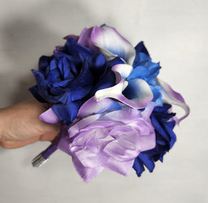 Light Purple Royal Blue Rose Calla Lily Bridal Wedding Bouquet Accessories