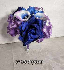 Light Purple Royal Blue Rose Calla Lily Bridal Wedding Bouquet Accessories