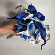 Load image into Gallery viewer, Silver Royal Blue White Calla Lily Bridal Wedding Bouquet Accessories