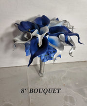 Load image into Gallery viewer, Silver Royal Blue White Calla Lily Bridal Wedding Bouquet Accessories