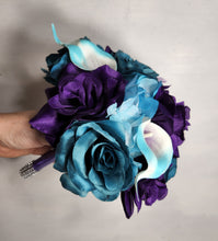 Load image into Gallery viewer, Teal Purple Rose Calla Lily Bridal Wedding Bouquet Accessories