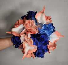 Load image into Gallery viewer, Coral Royal Blue Rose Calla Lily Bridal Wedding Bouquet Accessories