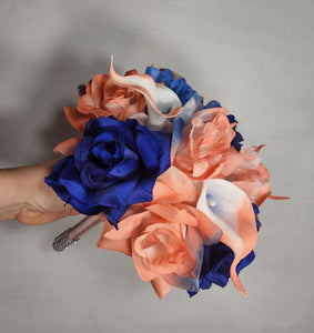 Coral Royal Blue Rose Calla Lily Bridal Wedding Bouquet Accessories