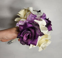 Load image into Gallery viewer, Eggplant Ivory Rose Calla Lily Bridal Wedding Bouquet Accessories
