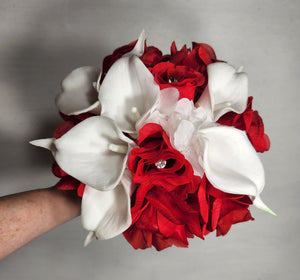 Red White Rose Calla Lily Bridal Wedding Bouquet Accessories
