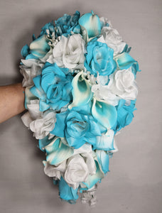 Turquoise White Rose Calla Lily Bridal Wedding Bouquet Accessories