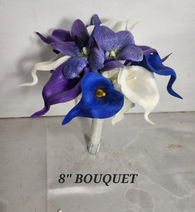 Peacock Royal Blue Purple Turquoise Ivory Calla Lily Orchid Bridal Wedding Bouquet Accessories