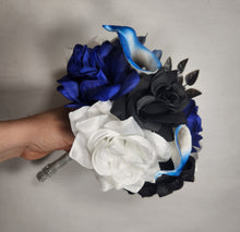 Load image into Gallery viewer, Royal Blue Black White Rose Calla Lily Bridal Wedding Bouquet Accessories