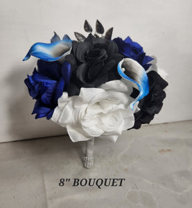Royal Blue Black White Rose Calla Lily Bridal Wedding Bouquet Accessories