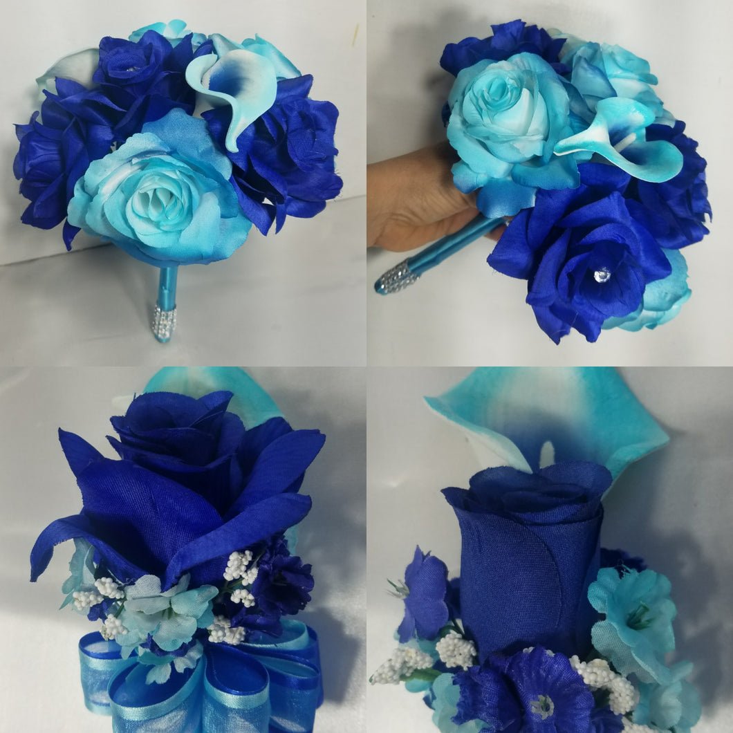 Turquoise Royal Blue Rose Calla Lily Bridal Wedding Bouquet Accessories