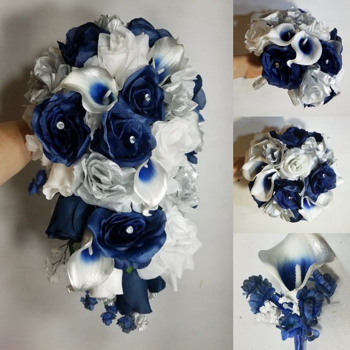 Navy Blue Silver White Rose Calla Lily