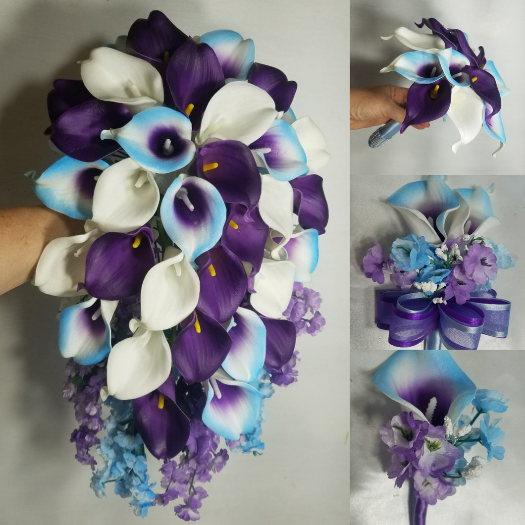 Light Blue Purple White Calla Lily Bridal Wedding Bouquet Accessories