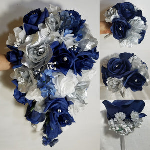 Navy Blue Silver White Rose Bridal Wedding Bouquet Accessories