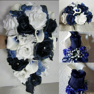 Navy Blue White Rose Calla Lily Bridal Wedding Bouquet Accessories