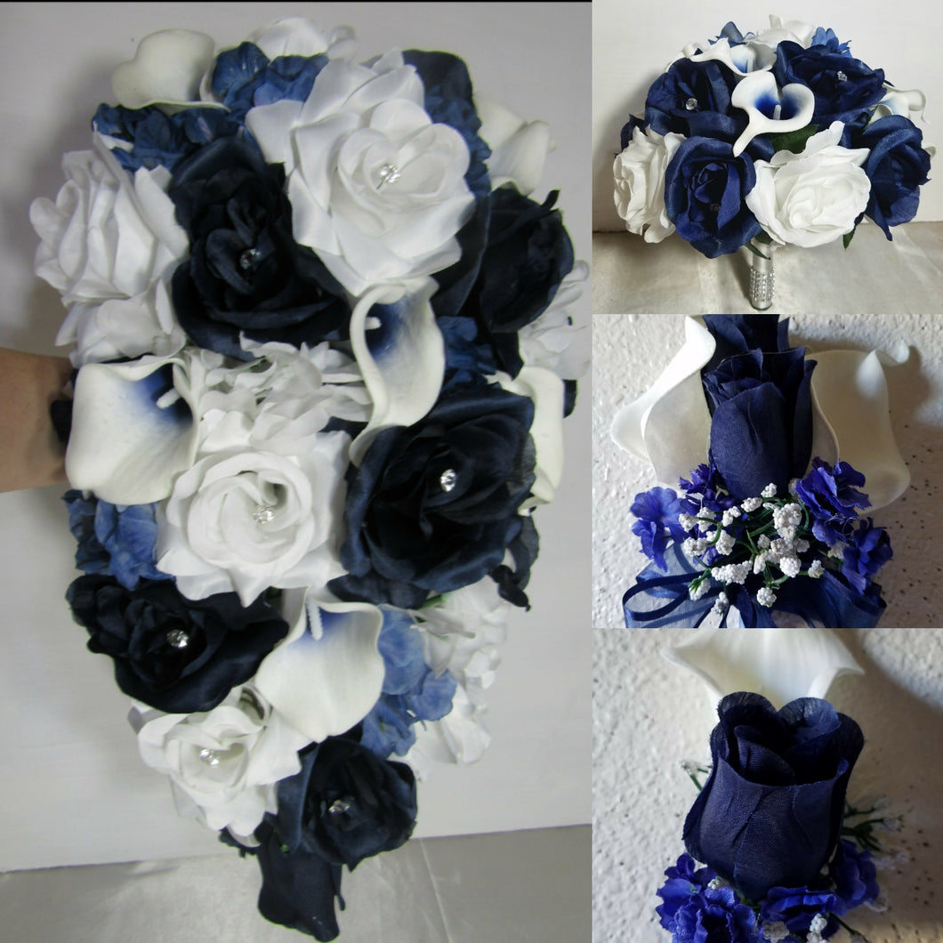 navy blue and white calla lily Navy Blue White Rose Calla Lily Bridal Wedding Bouquet Accessories – Bridal Wedding Bouquets